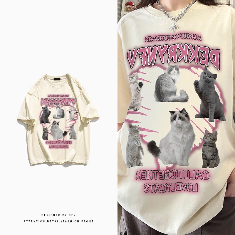 

Новая летняя женская хлопковая футболка с короткими рукавами и принтом кошки, свободная посадка