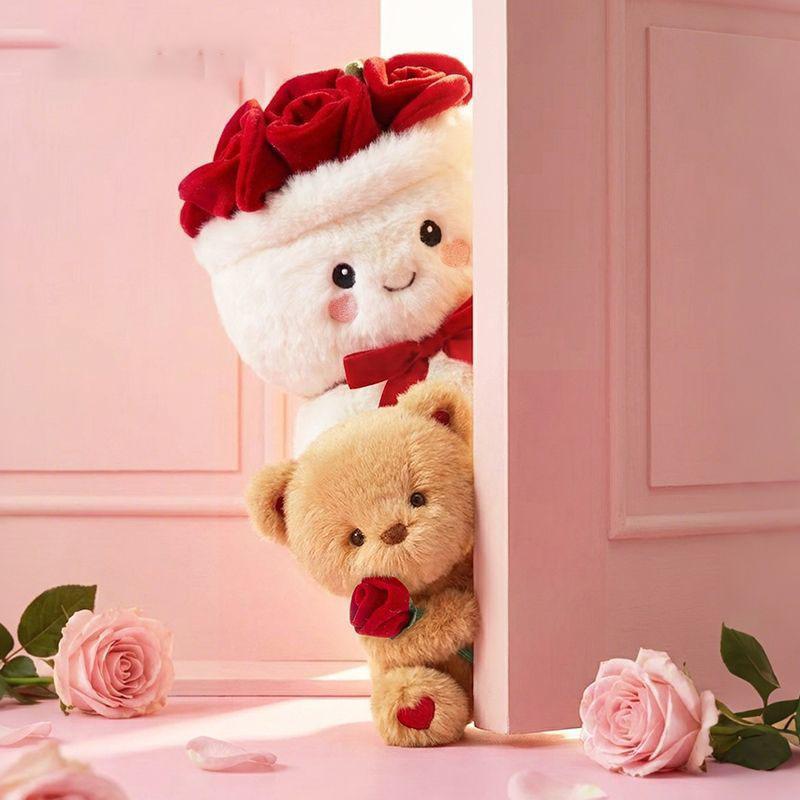 Ensemble de jouets en peluche Bouquet de roses mignon avec porte-clés petit ours Poupée fleur en peluche douce pour cadeau d'enfant Décoration Saint-Valentin