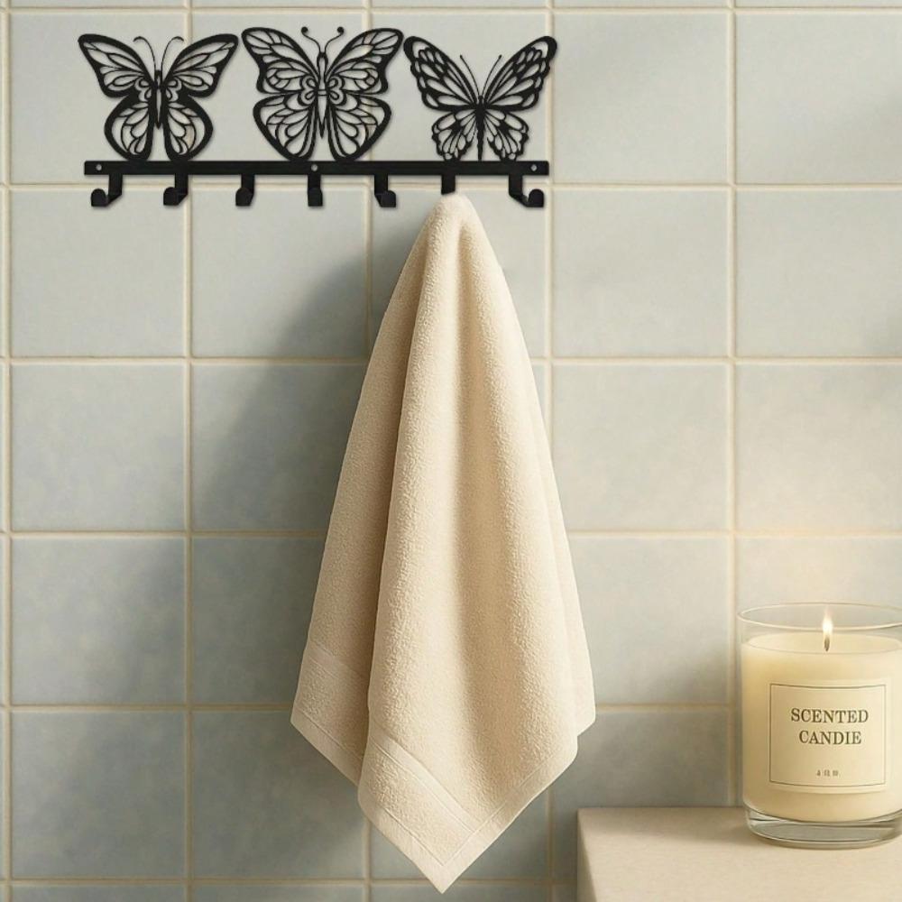 Modern Butterfly Wall Mount Key Holder 7 Hooks Space Saving Black Metal Key Organizer