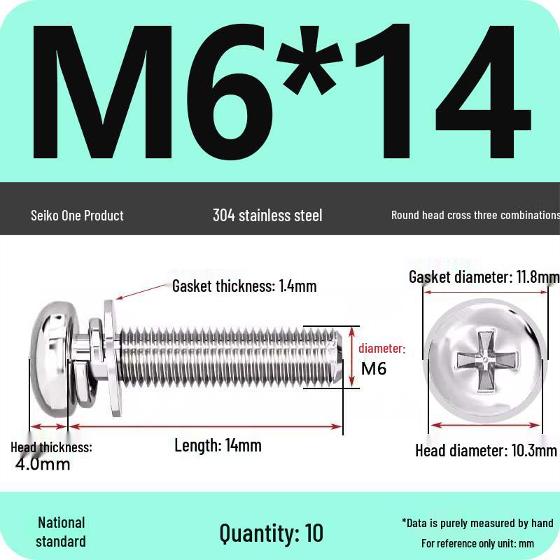 304 Stainless Steel Phillips Round Head Screw with Flat Washer M3/M4/M5/M6