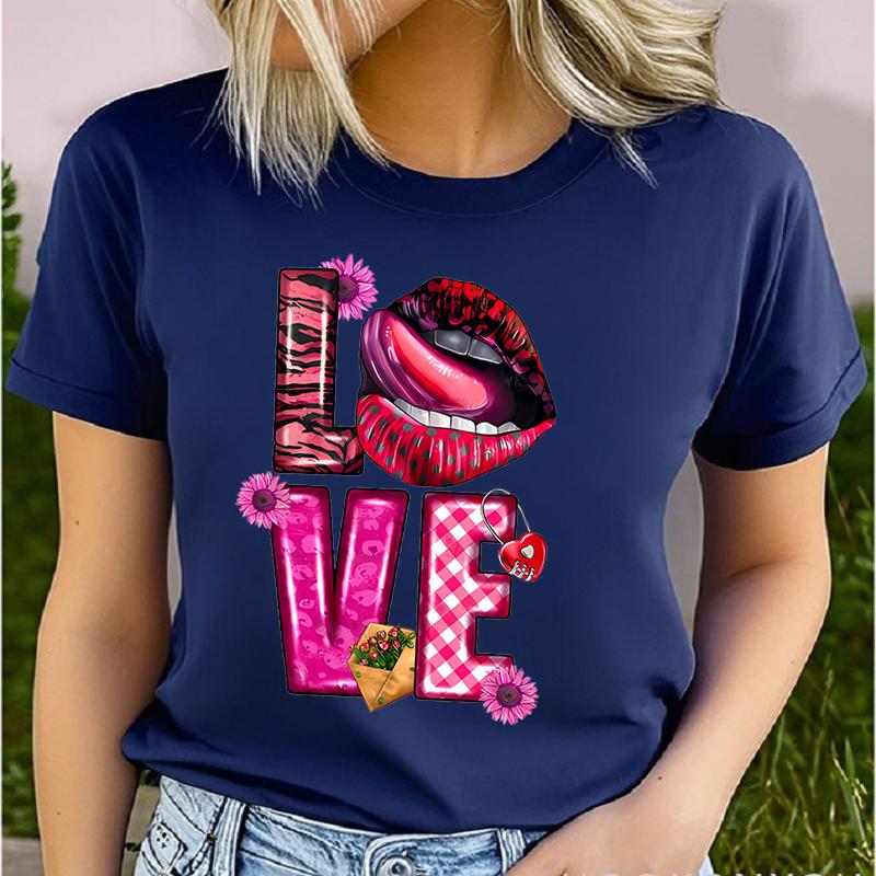 Polyester 100% Lip Love Men's and Women's Short-sleeved Clothing Round Neck Short Sleeve T-shirt, Knit Graphic Women Clothes Summer