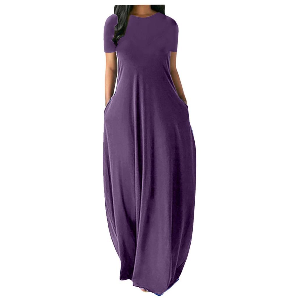 Plus Size Women’s Solid Color Round Neck Pocket Maxi Dress – Short Sleeve, Loose Fit