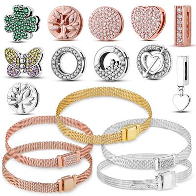 Silver Plated Mesh Safety Chain Clip Bee Butterfly Round Charm Beads Fit Original  Mesh Bracelet  Jewelry