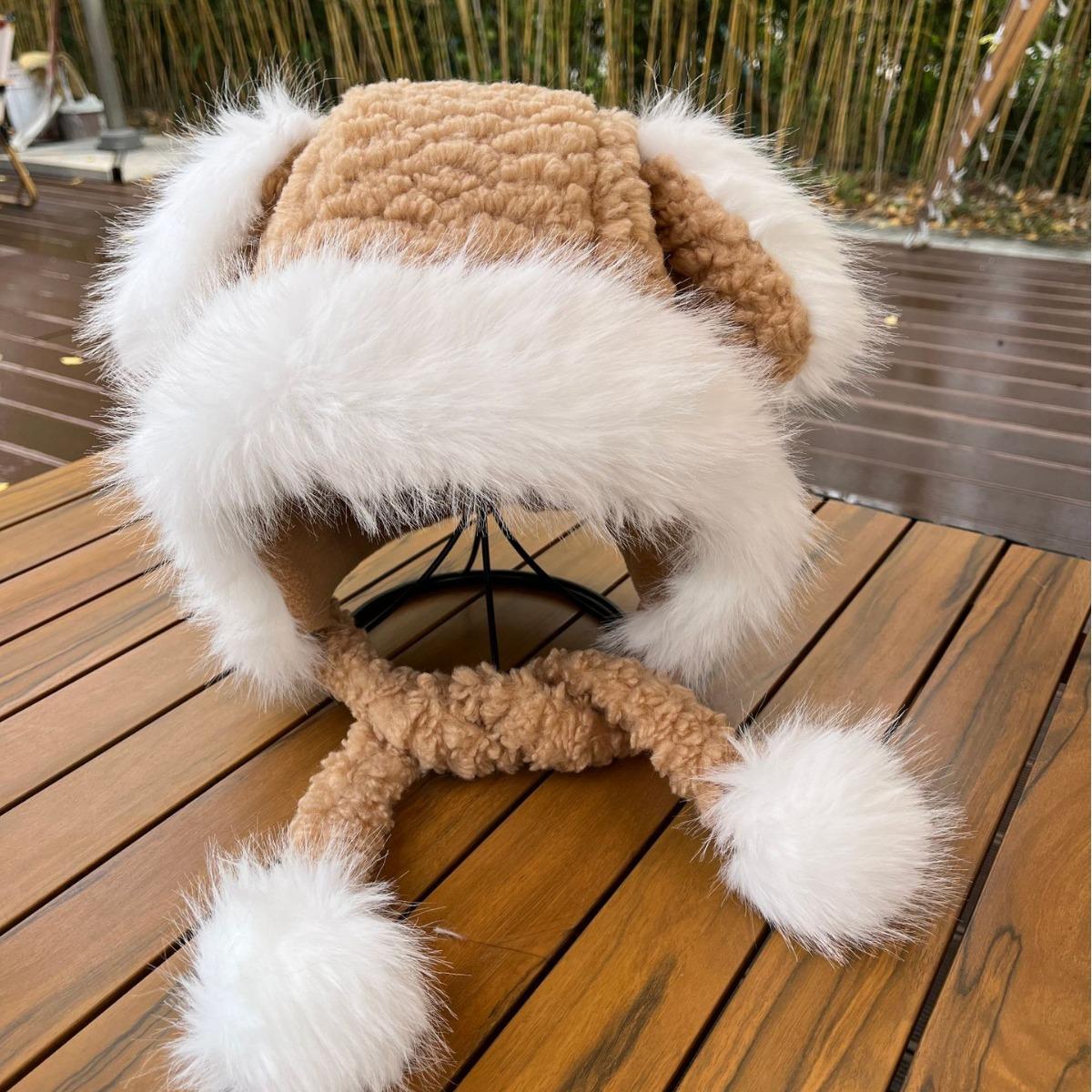 

Cute bear plush hat women s winter plush thickened warm Lei Feng hat windproof ear protection student bald hat M（56-58cm）