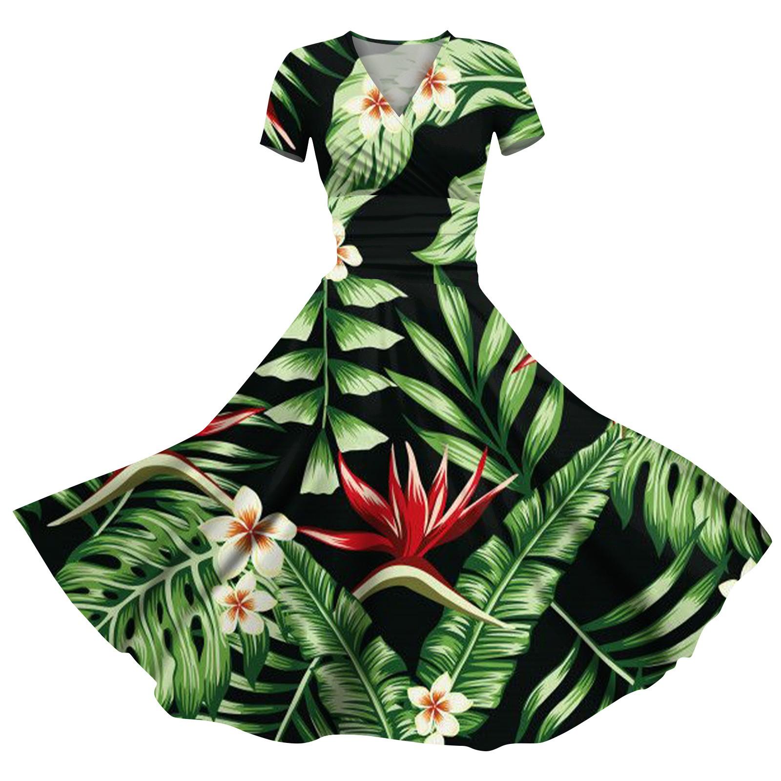 

2024 Весна и лето женское повседневное свободное платье с короткими рукавами и v-образным вырезом с принтом L