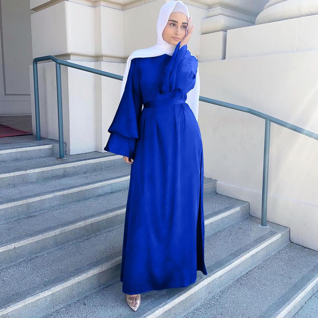 Women's Fashion Solid Color  Long Sleeve Satin Soft Waist And  Dress