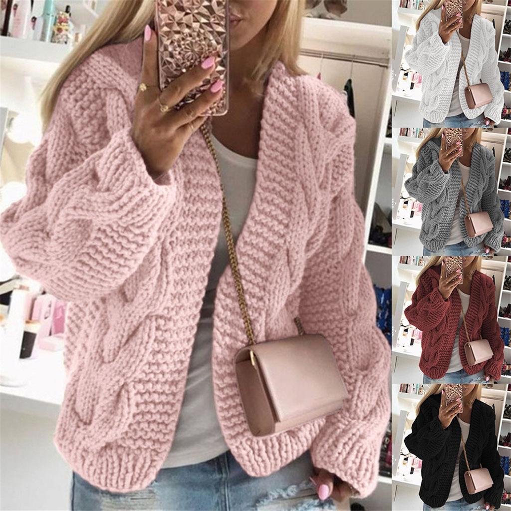 Women Knit Pocket Cardigan Long Sleeve Sweater Causal Loose Sweater Coat Outwear
