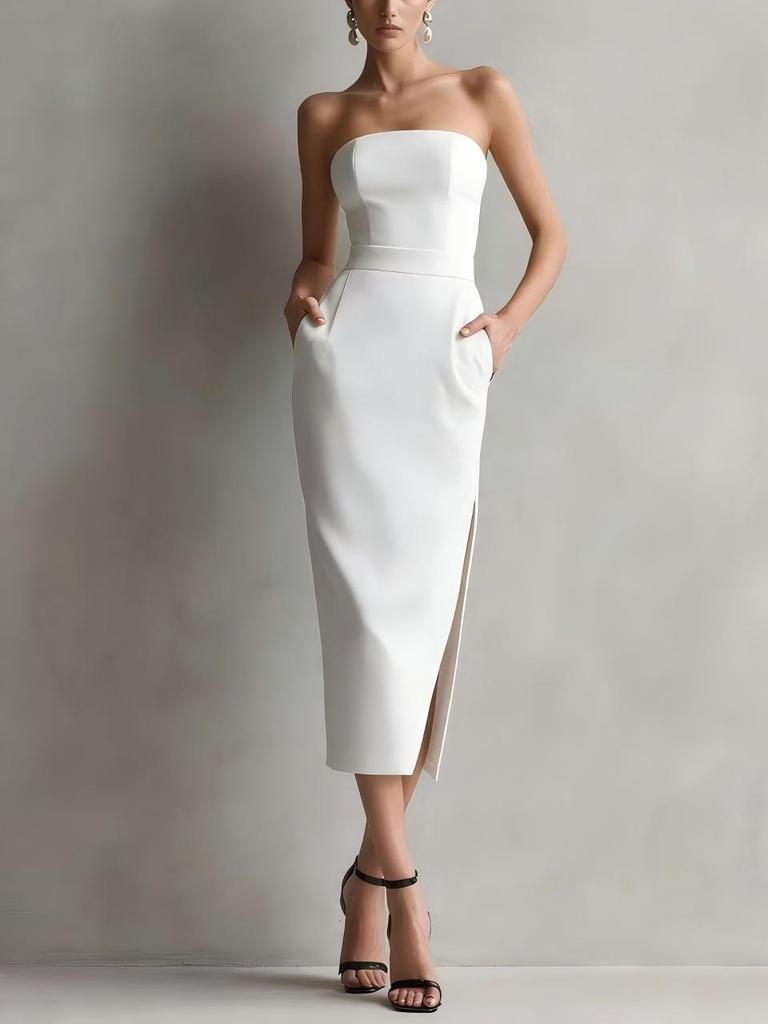 Luxuriöses trägerloses Midi-Kleid für Damen mit Taillenbetonung, Schlitz und Taschen - Perfekt für formelle Partys und Bankette.