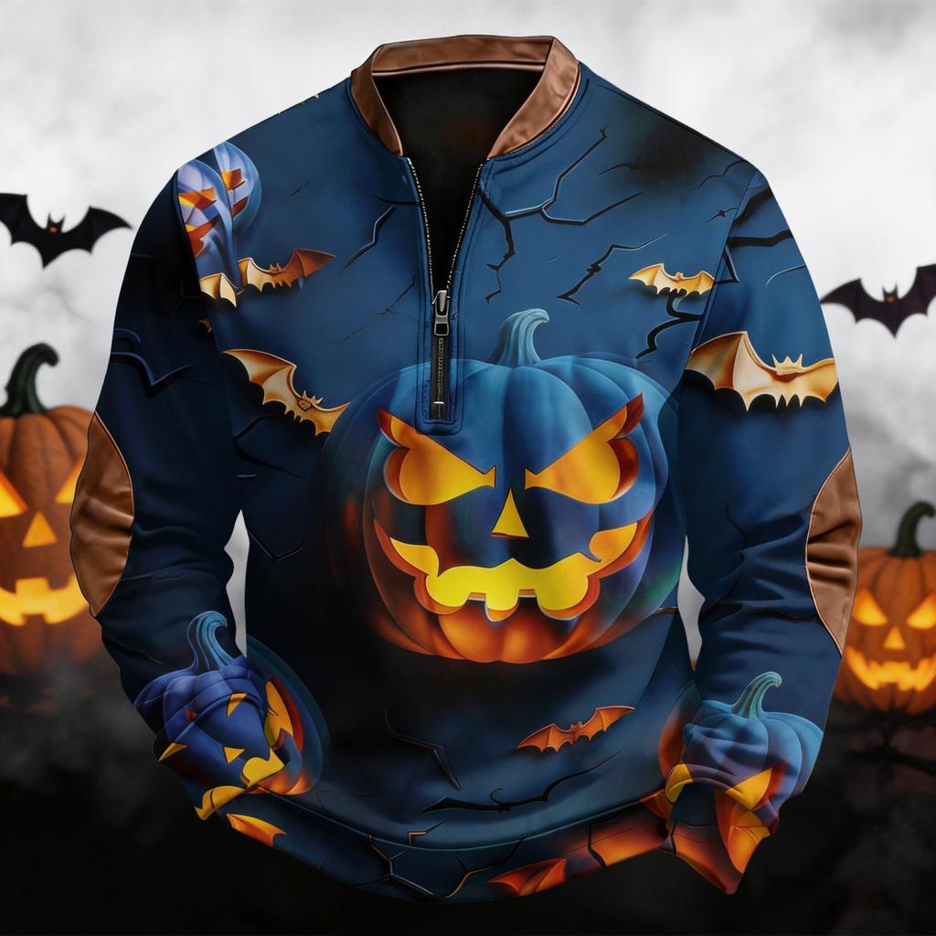 Men's Casual Retro Half Zip Long Sleeve Sweatshirt with Halloween Print