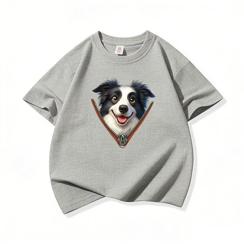 Kids Cotton T Shirt Adorable Collie Dog Zipper Print Crew Neck Short Sleeve Tee Casual Breathable Boys Girls Summer Tops