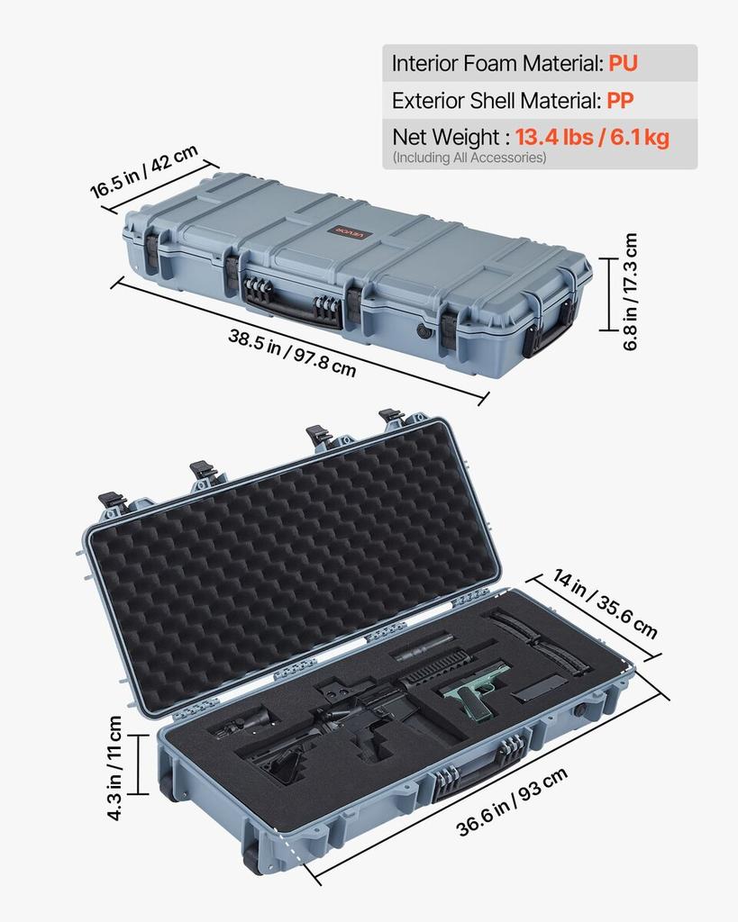 Hard Rifle Case, Lockable Rifle Case with 4 Layers Pre-cut Foams, 914 Mm Gun Storage with Wheels, IP67 Waterproof & Dustproof Pistol Storage Cases for