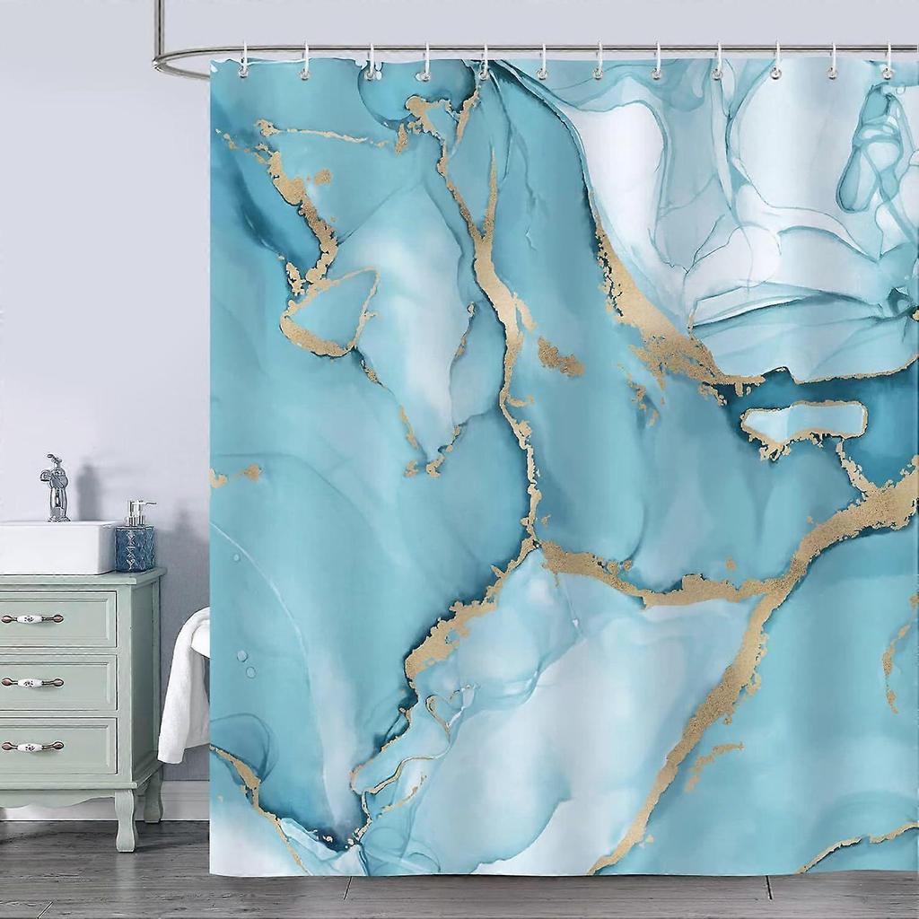 Modern Abstract Turquoise and Gold Marble Shower Curtain Polyester Fabric Bath Curtain Anti-Mold Waterproof Washable Bathroom Curtain 180 X 180 Cm Wit