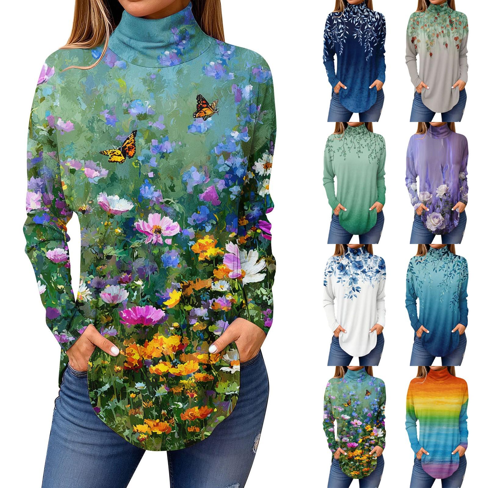 

Жіночі футболки для осені Повсякденні сорочки з довгими рукавами Світшоти Вінтажний пуловер з високим горлом і принтом XXL білий