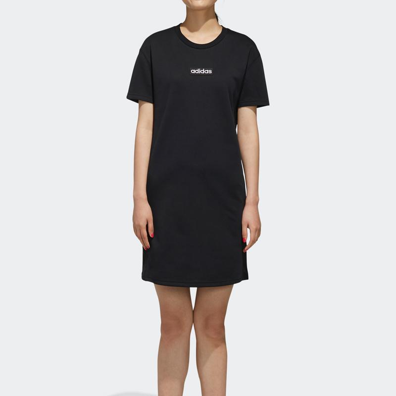 Adidas Solid Color Round Neck Pullover Regular Fit Short Sleeve Dress Women Dress Black EI4705