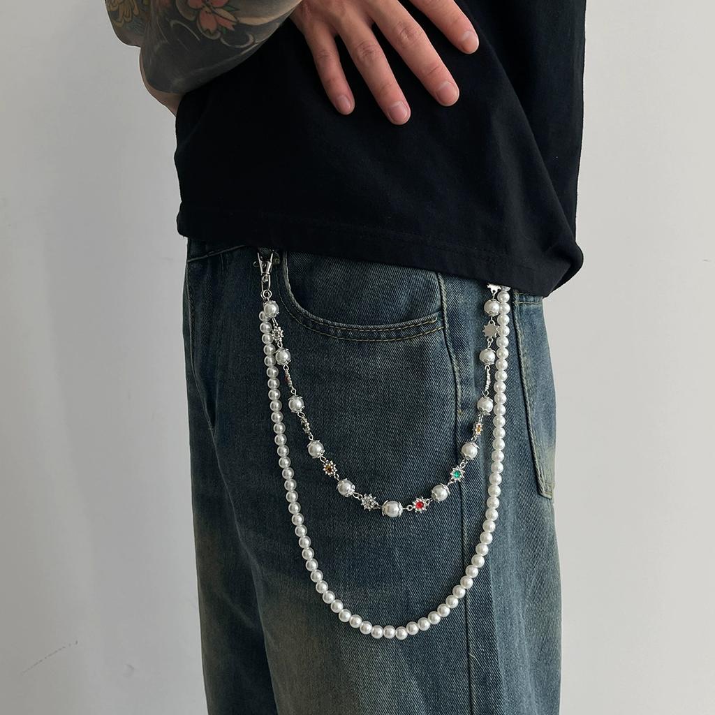 Trendy Pearl Rhinestone Sun Flower Jeans Chain Keychain Men Women Trousers Hipster Pant Chain Hiphop Y2K Jewelry