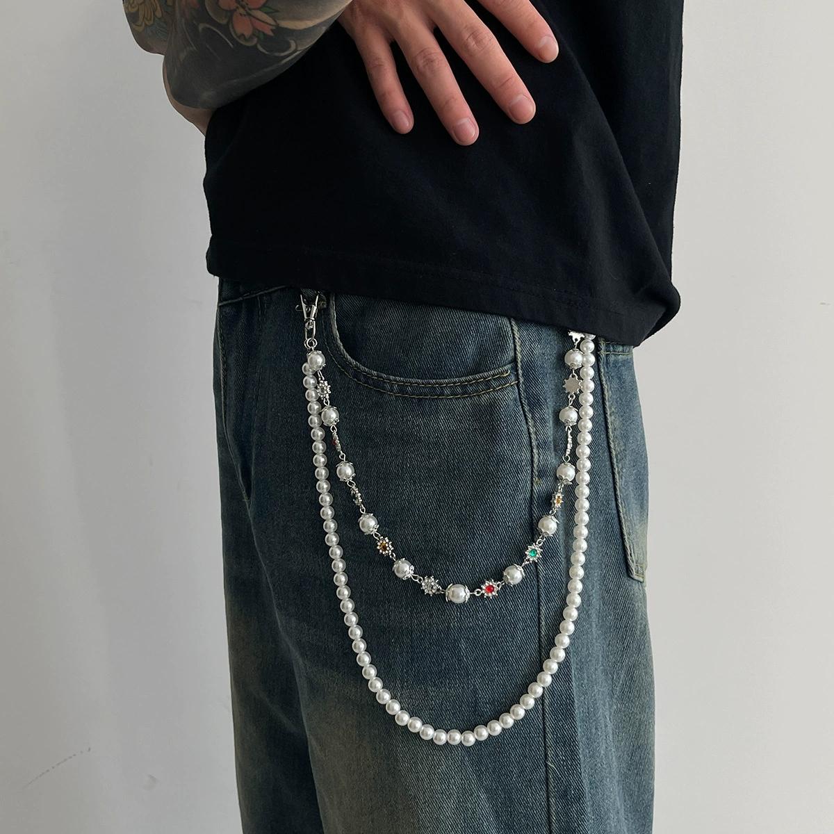2025 Trendy Pearl Rhinestone Sun Flower Jeans Chain Keychain Men Women Trousers Hipster Pant Chain Hiphop Y2K Jewelry