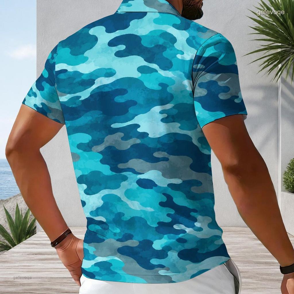 Men Plus Size Short Sleeve Quarter Zip Collared Blue Camouflage Printed Polo Shirt