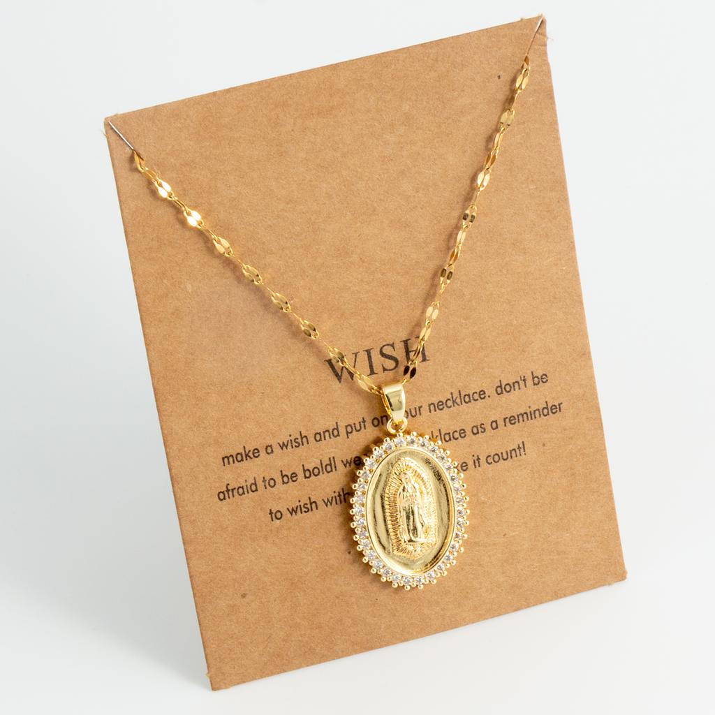 Oval round plaque inlaid with zircon religious pendant for women's party stainless steel Virgin Mary jewelry gift necklace