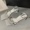 Fashion Luxury Rhinestone Ankle Strap Women Sandals High Quality Square Toe Buckle Thin Heel Slide Sandals Fashion Comfort Banquet Shoes