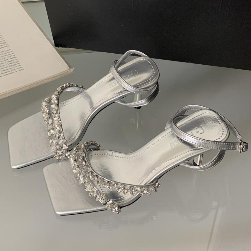 Fashion Luxury Rhinestone Ankle Strap Women Sandals High Quality Square Toe Buckle Thin Heel Slide Sandals Fashion Comfort Banquet Shoes