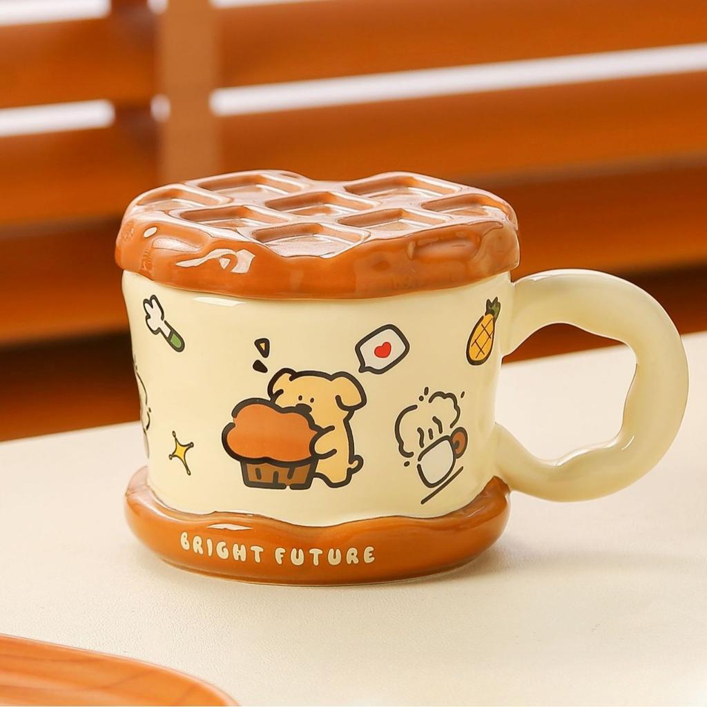 Waffle Cup Creative High Looking Cute Puppy Birthday Gift Souvenir Mug with Lid Ceramic Water Cup