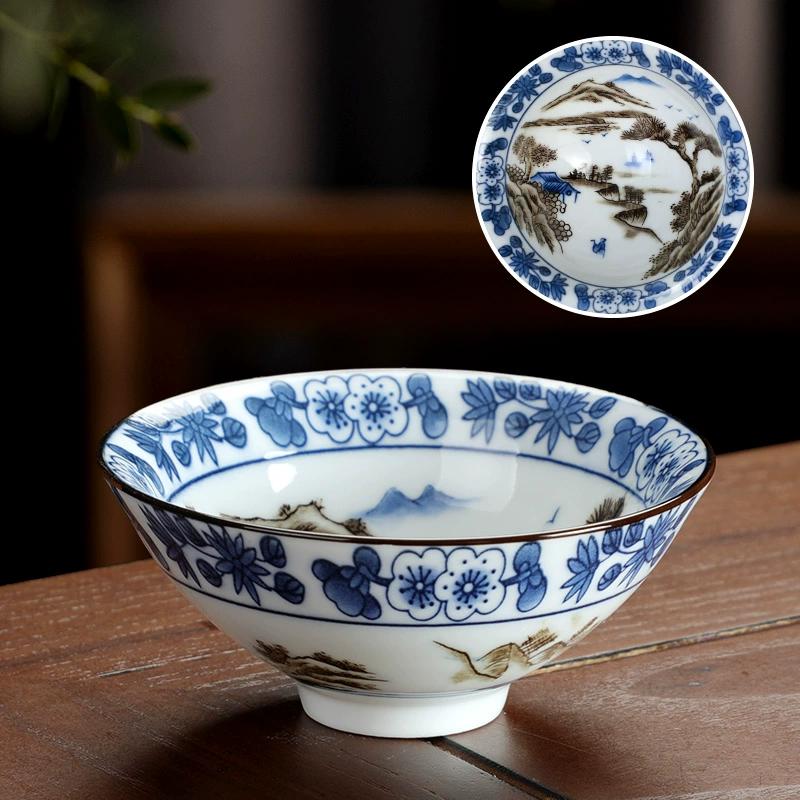 60ml Ceramic Kung Fu Tea Cup Painted Master Sipping Tea Cup Large Capacity Blue and White Bamboo Hat Tea Cup Drinking Utensils
