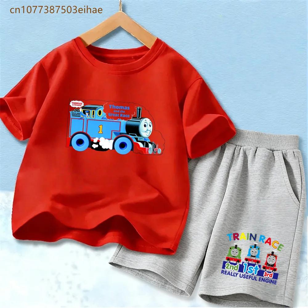 Thomas Train Children's Suit Soft Pure Polyester Tee with Vivid Train Design And Loose Shorts Cool Summer Outdoor Play Wear for Boy