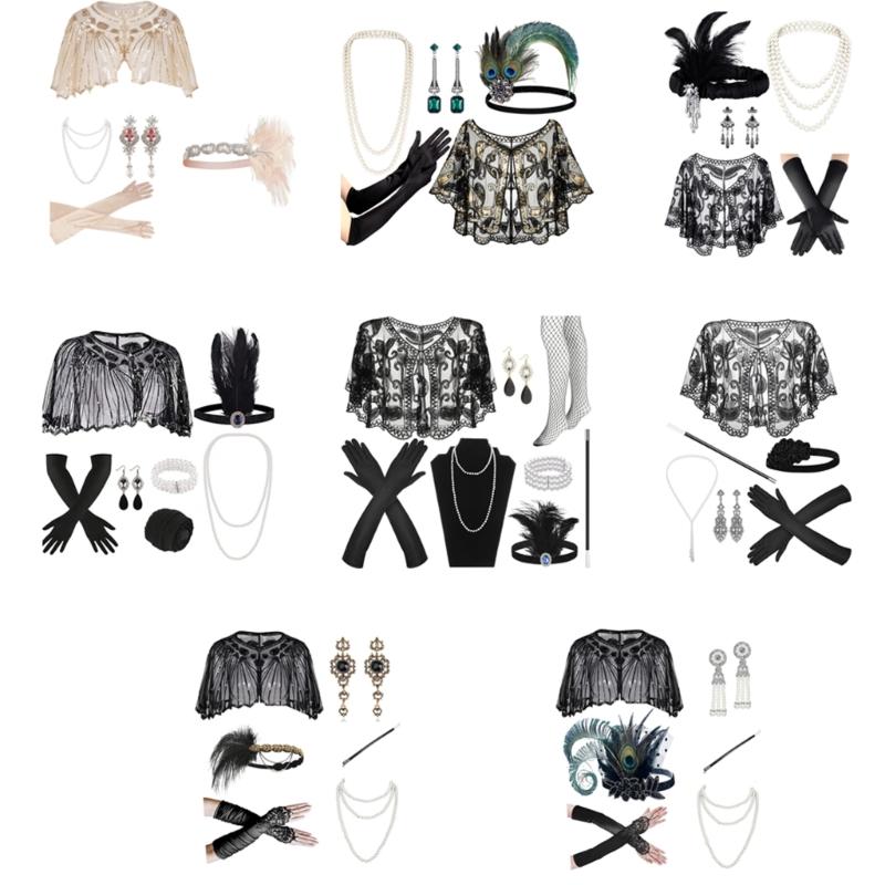 Vintage 1920s Flapper Party Women Costume Accessories Set Feather Headband Necklace Earrings Gloves for Cocktail Party