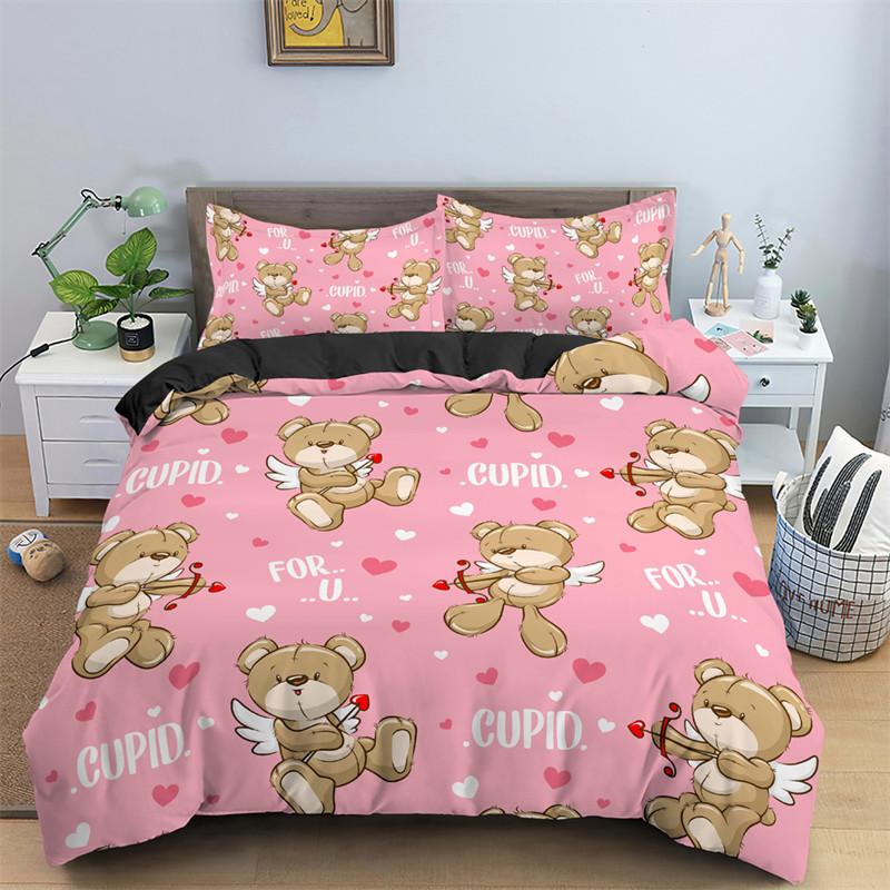 Cartoon Bear Duvet Cover 3PCS Bedding Set Microfiber Twin Full For Girls Kids Cute Animals Comforter