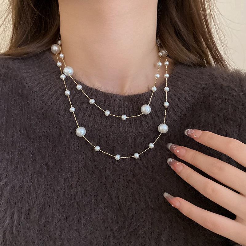 Bead White Pearl Necklace French Retro Elegant Temperament Double Layer Sweater Chain Fashion Temperament High Sense Necklace