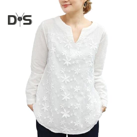 

Женский топ с v-образным вырезом и цветочной вышивкой, свободный Vinatge с длинным рукавом, однотонный мягкий пуловер, повседневная женская футболка на весну и осень XL белый