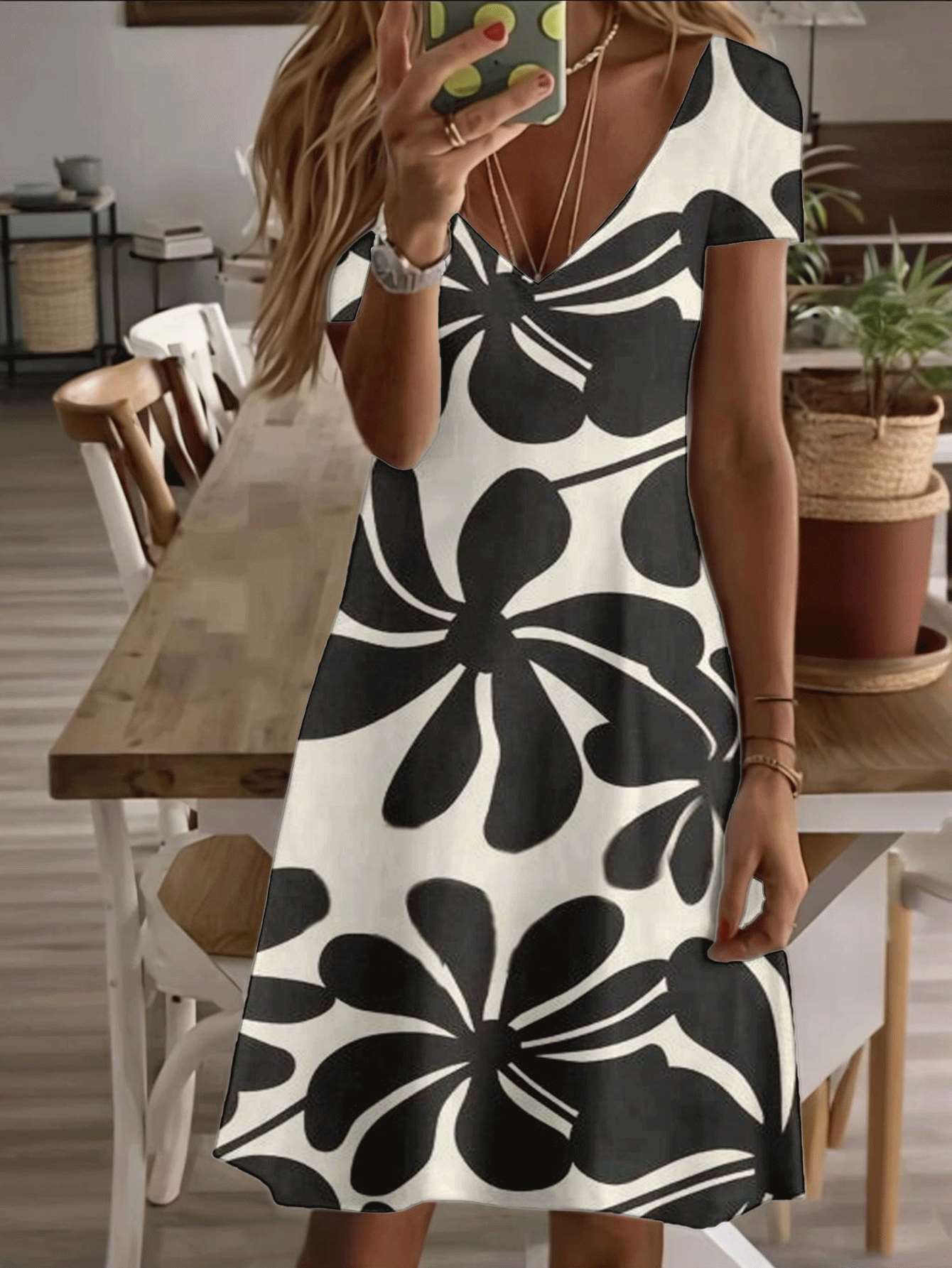 

Vneck shortsleeve midi dress black and white floral print graphic design 3D premium printing durable casual fashion elegant summer beach outfit breath 9XL дубильна кора