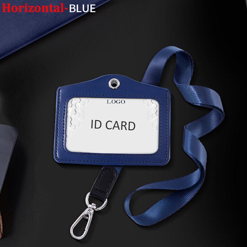 Formal Business ID Badge Holder Durable Real Leather Work Chest Card Pouch with Lanyard Simple Classic Black Stationery
