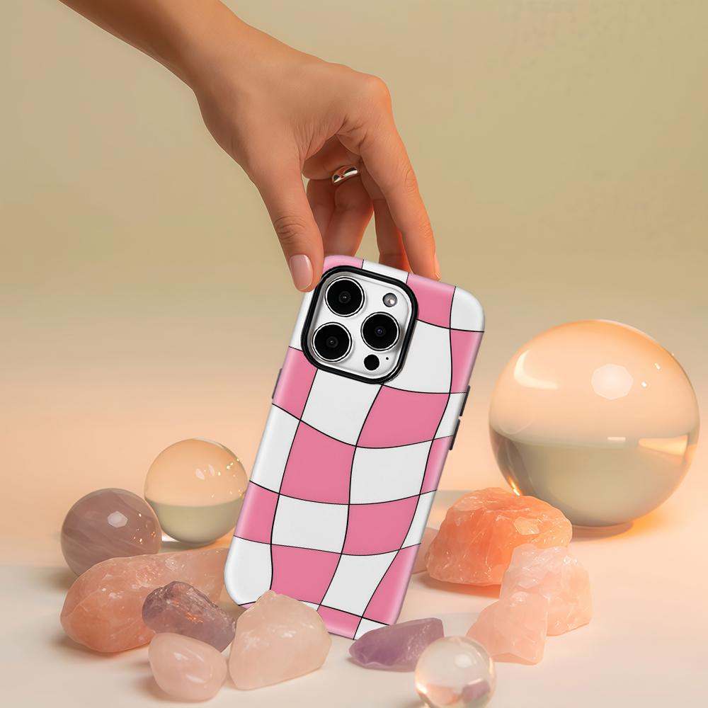 Wavy Pink Checkered Phone Case for IPhone 17 16 15 14 13 Pro Max Plus for Magnetic Single Double-layer Tough Case