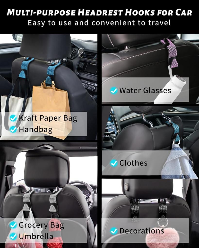 Sparkling Car Seat headrest Hooks, 4 Pack, White Purse Holder for Car Headrest, Chic Automotive Accessories for Women Essentials Handbag Clothes Coats