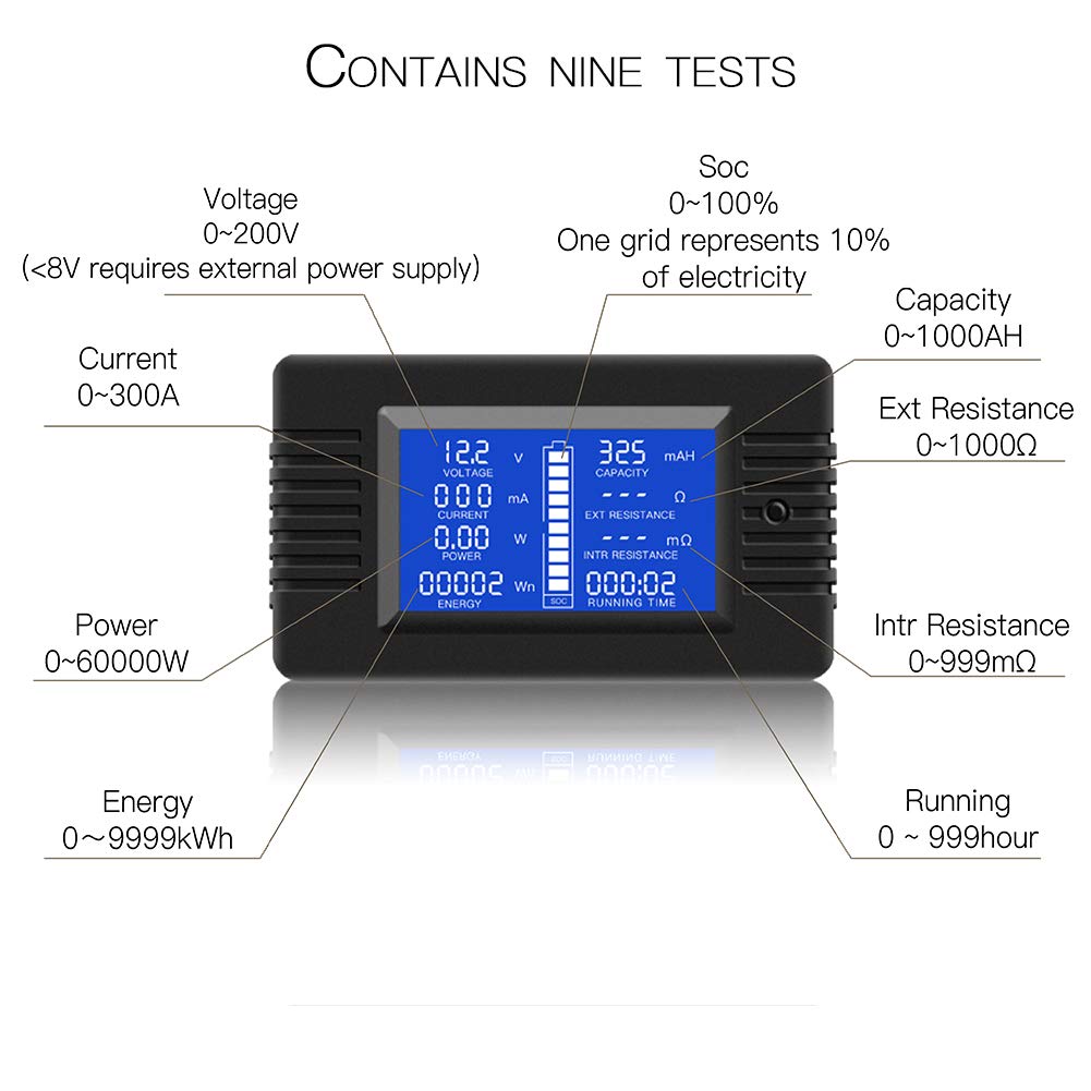 DC 0-200V 0-300A Battery Monitor Meter with Shunt, 9-in-1 Digital LCD Multimeter for 12V/24V/48V Solar System, RV, Car. Measures Voltage, Current,