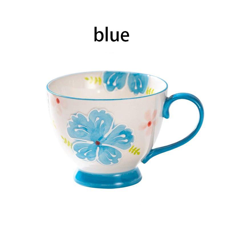 1pcs Flower Ceramic Mug Heat-resistant Breakfast Milk Oat Cup Hand Drawn Large Capacity Juice Handle Cup Microwave Safe 450ml