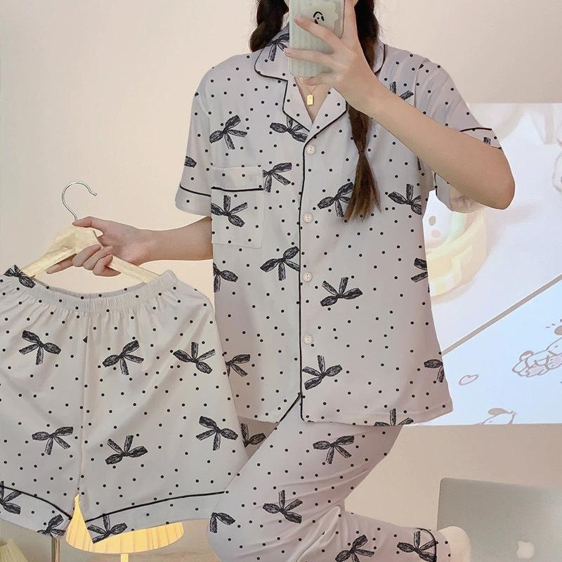 Premium Gray Polka Dot Bow Pajamas Women'S Casual Summer Short-Sleeved Three-Piece Set Loungewear