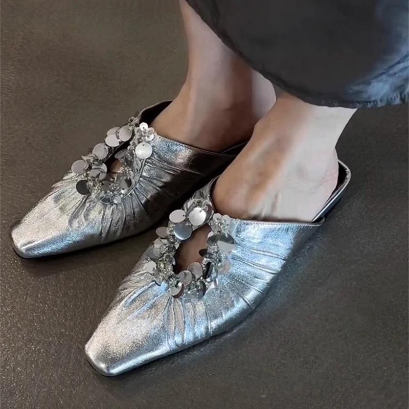 Fashion Women Slippers Flats Elegant Mules Shoes Bling Women's Sandals Summer 2025 New Slingback Slides Casual Luxury Flip Flops Mujer