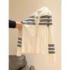 Contrasting Stripes Knitted Long-sleeved T-shirt Bottoming Shirt with Women's 1011 Early Autumn New Semi-open Neck White Top