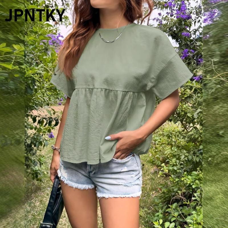 JPNTKY Women's Fashion Casual Solid Color Print Short Sleeve O-Neck Blouses & Shirts