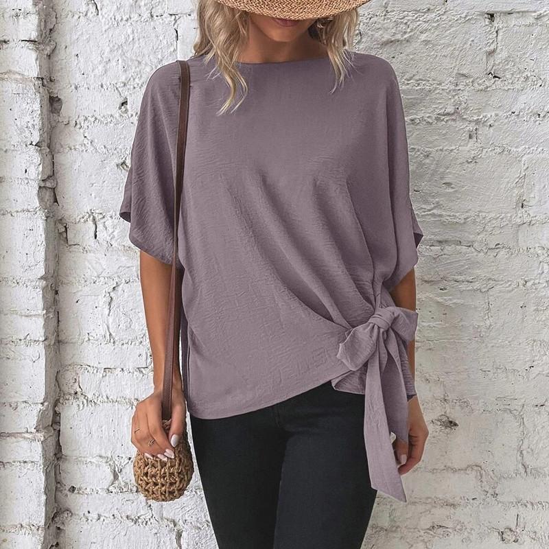 Solid Colour Round Neck Summer Bat Wing Sleeve T-Shirt Hem Knotted Loose Women's Tops