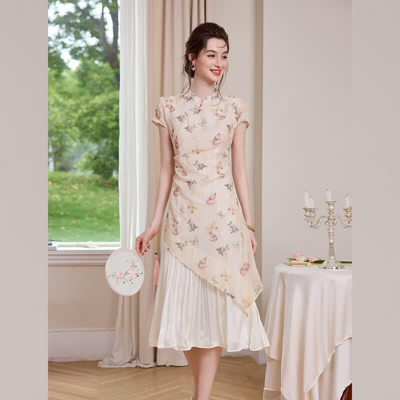 Bailuyu Chinese Style Butterfly Print Stand Collar Long Dress M
