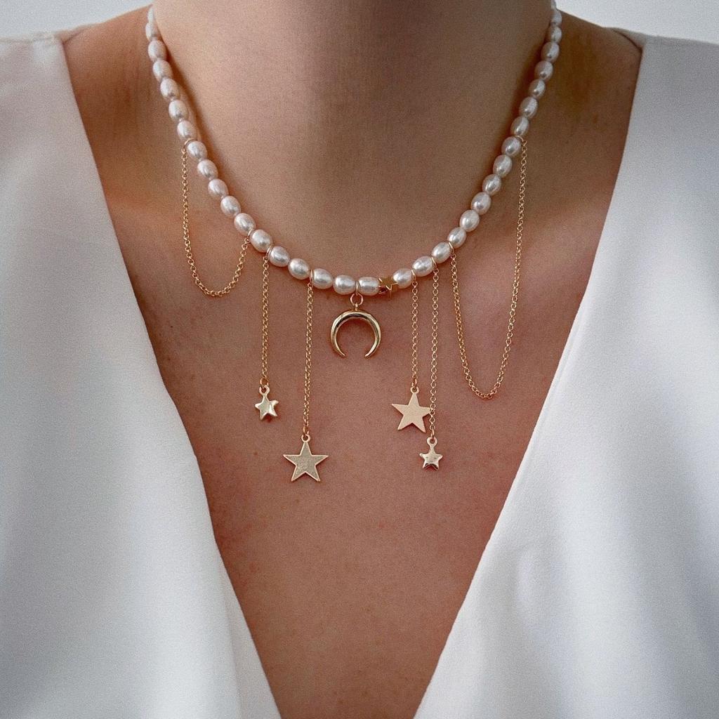 Perlen-Pulloverkette, europäischer und amerikanischer Design-Tassel-Halskette, weiblicher Stern Mond Licht Luxus Choker Halskette