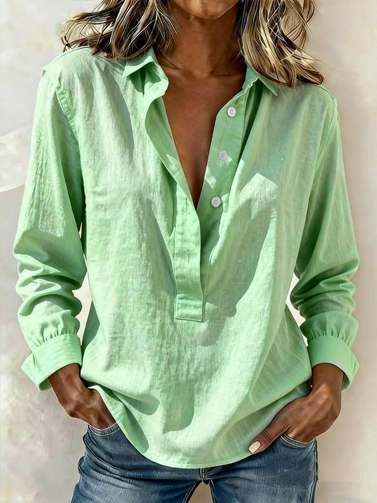 Women Casual Long Sleeve Lapel Button Front Blouse Solid Color Loose Fit Shirt for Daily Wear