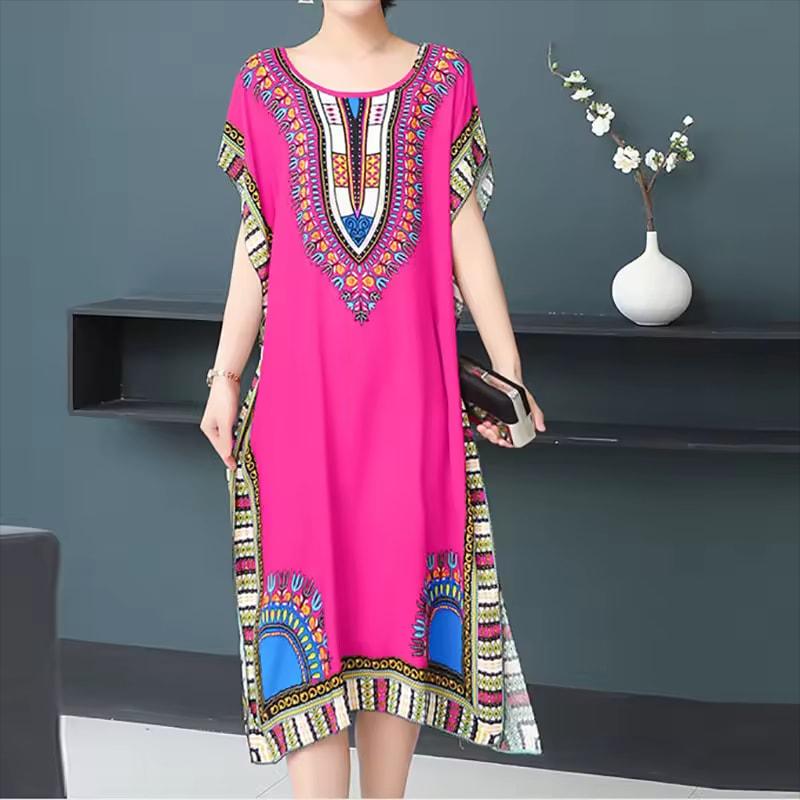 Casual Elegant Bohemian Printed Ethnic Style Retro Floral Woman Summer Street Wear Batwing Sleeve Loose Tunic Maternity Dress
