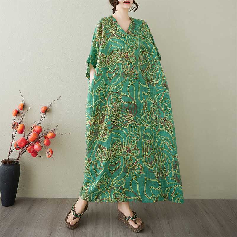 Vestido Largo Vintage para Mujer con Estampados de Algodón y Lino