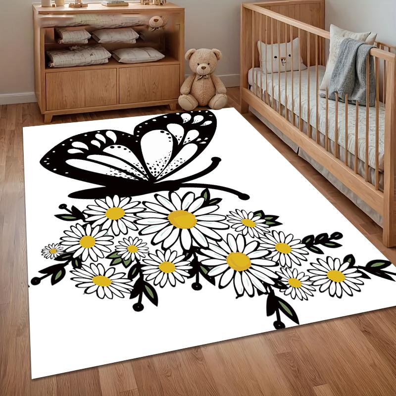 Weicher rutschfester minimalistischer Teppich mit Schmetterlings- und Gänseblümchen-Design, schwarz-weiß floral, für Kinderzimmer, Schlafzimmer, Wohnzimmerdekoration