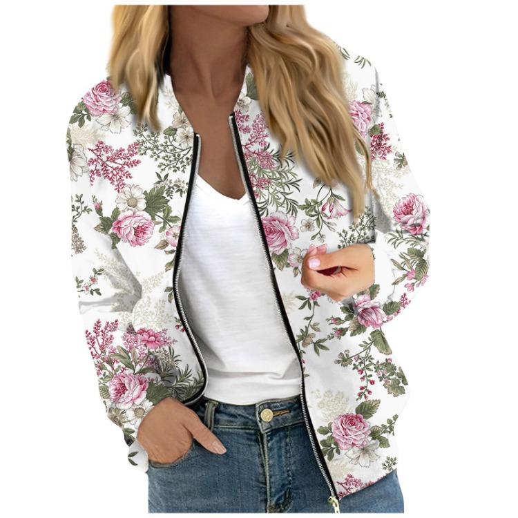 Fashionable Women Long Sleeve Casual Jacket Floral Leaf Print Round Neck Zipper