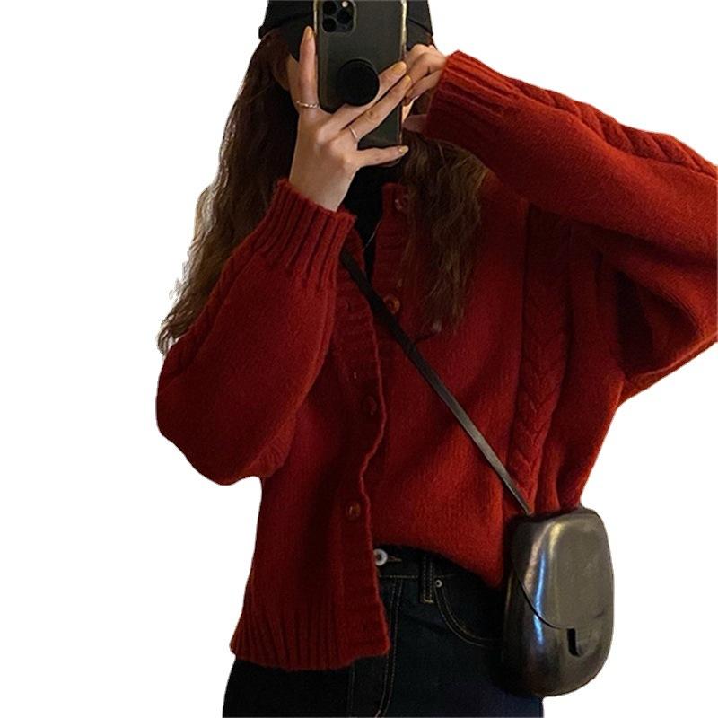 Женский свободный вязаный кардиган с жареным тестом, свитер в стиле ретро One Size красный